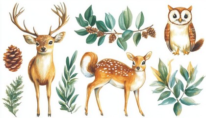A detailed illustration featuring a deer, fawn, owl, and various green leaves with pinecones, ideal for nature-themed designs