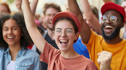 diverse group of friends joyfully attending protest rally, supporting each other with enthusiasm