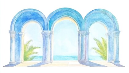 Serene watercolor depiction of arches overlooking a tranquil sea with palm trees swaying gently
