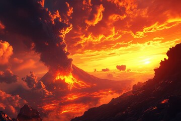 Fototapeta premium Serene volcanic landscape at dusk, with a smoldering volcano against a warm, fiery sky, orange and red clouds casting an intense glow over the scene.