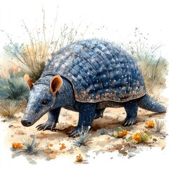 Fototapeta premium A colorful illustration of an ancient armadillo-like creature wandering through a desert landscape