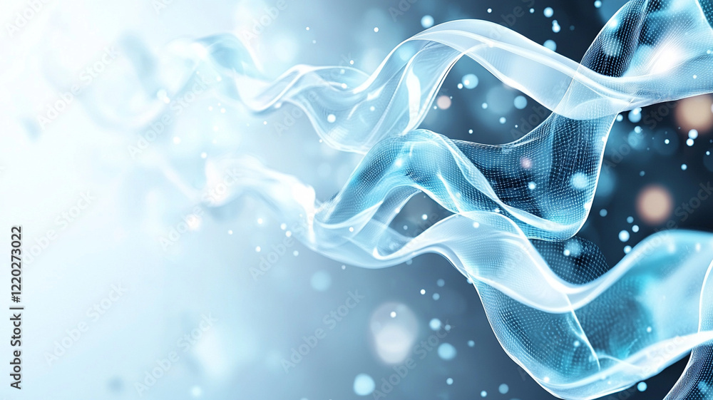 Poster abstract flowing particles ethereal light blue and white forms in dynamic motion
