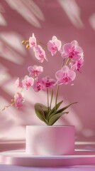 Fototapeta premium Beautiful Pink Orchid Arrangement in White Pot on Pink Background
