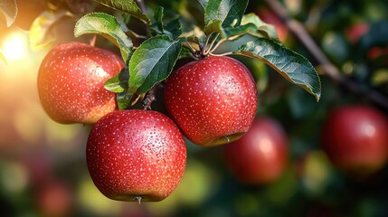 Red apples grow on a tree branch in orchard with bright sunlight at sunset
