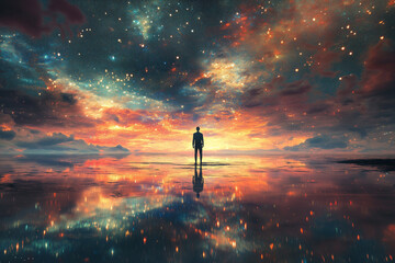 Starry sky with a person standing Beautiful sky.