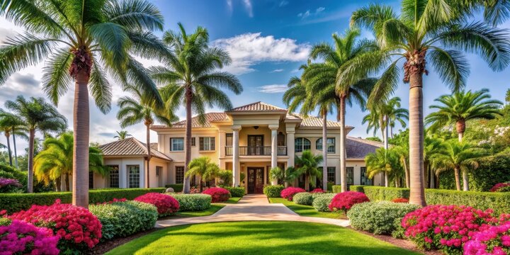 Luxurious mansion with a serene landscaped garden in Florida, surrounded by tall palms and vibrant hibiscus flowers, florida estates, outdoor spaces