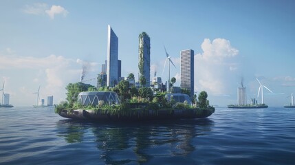 Obraz premium Eco-city island, futuristic buildings, wind turbines.