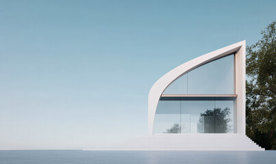 Unique modern architecture with curved design near tranquil water under clear sky