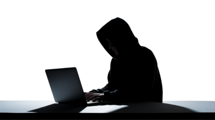 Mysterious Hacker Silhouette Working on Laptop at Night isolated on transparent background