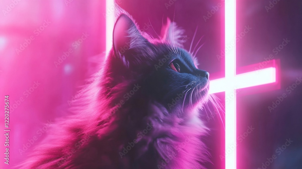 Poster a glowing cross illuminates a cat, creating a unique blend of technology and nature in a vibrant neo