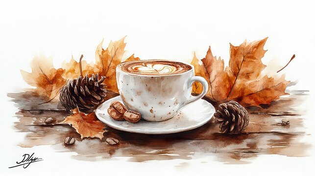 Watercolor painting of latte art coffee cup with autumn leaves and pine cones on wooden surface.