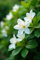Fototapeta premium Delicate white azalea blooms unfolding on a lush green shrub, shrub, greenery, garden