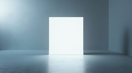 Glowing blank vertical rectangle in a minimalist room.