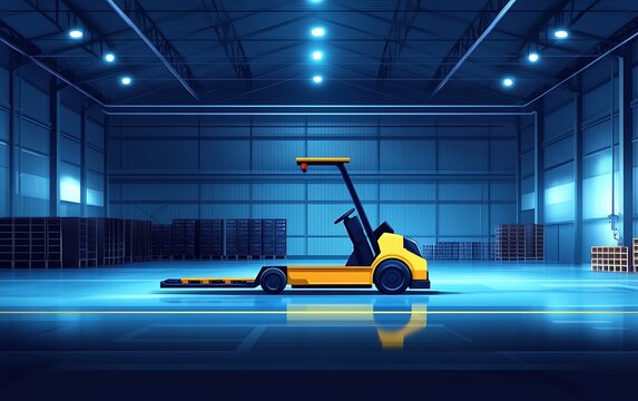 Automated tugger vehicle in warehouse with cargo, logistics