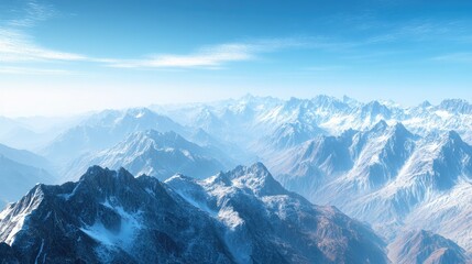 Snow-capped mountains from a high-altitude perspective, rugged terrain blending with a tranquil blue sky, and distant peaks fading into the horizon.