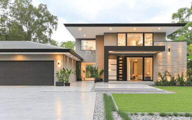 Modern two-story house set in lush greenery with a spacious driveway and stylish design