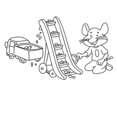 Cute cartoon hand drawn vector happy mouse playing outline.