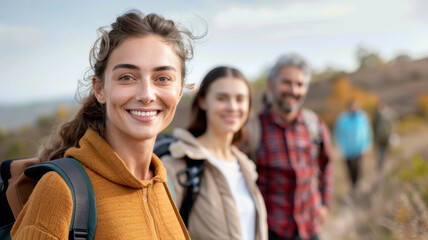 group of friends of various ages hiking together, smiling and enjoying outdoors. focus is on young woman in foreground, with others in background, showcasing sense of adventure and camaraderie