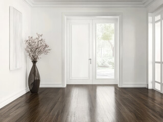 Fototapeta premium Modern entryway with wooden floor and large glass doors allowing natural light