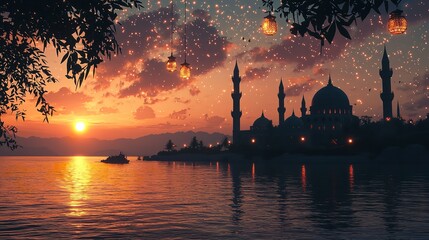 Obraz premium religious night gathering, believers walk towards a grand mosque for night prayers, under a mystical sky with subtle lights symbolizing their journey of faith