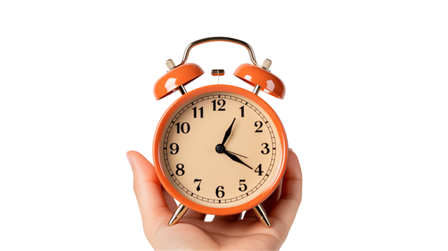 Orange Alarm Clock in Hand Time Management Concept isolated on transparent background