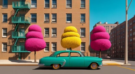 Green Car and Topiary Trees in Front of Apartment