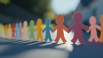 Vibrant paper cutouts of people stand in a row, holding hands in unity against a serene backdrop, creating a cheerful atmosphere