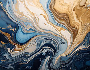 Fototapeta premium The abstract pattern resembles a mix of blue and beige fluids, creating a marble effect with swirling lines.