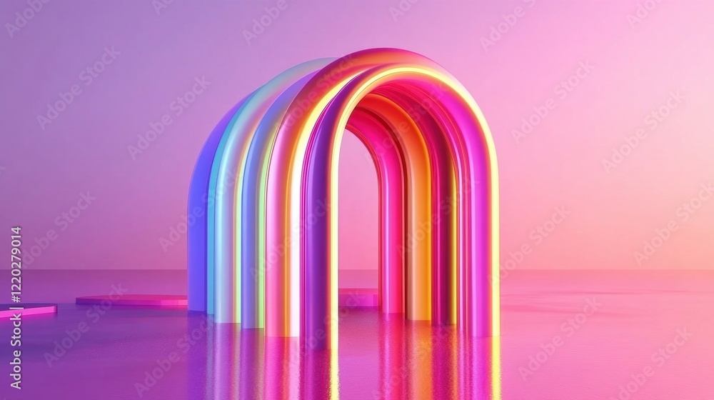 Poster a glowing arc light structure radiates vivid colors, reflecting on a calm surface during the twiligh
