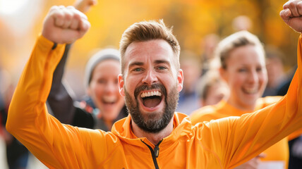 group of enthusiastic runners celebrating during charity marathon, with vibrant autumn colors in background. joyful expressions highlight camaraderie and support among participants
