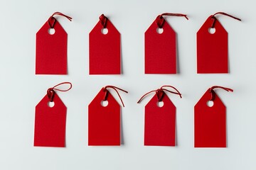 Eight Blank Red Gift Tags with String Festive Holiday Sale Labels Mockup