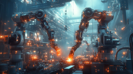 Fototapeta premium Industrial Robots Welding Metal in a Factory Setting