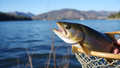 Obraz premium Trout in a Fishing Net with Mountain View