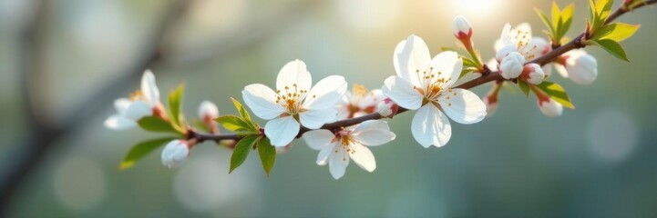 Fototapeta premium Delicate white blooms on a branch unfolding slowly, white, gentle
