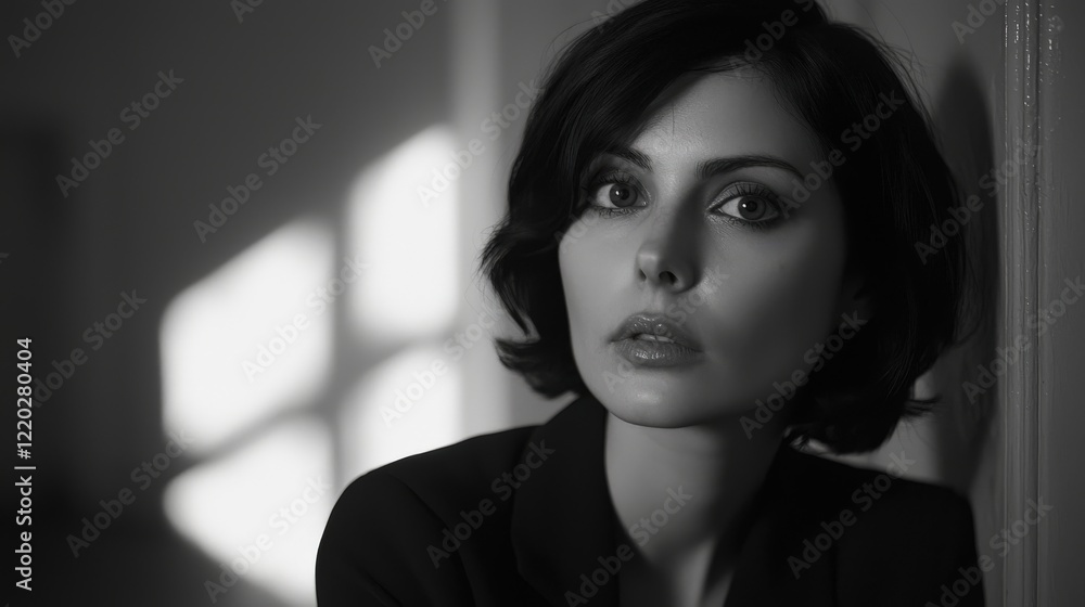 Poster elegant woman in black and white portrait with soft shadows and intense gaze in a minimalistic setti