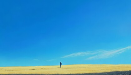 Obraz premium Solitary figure standing in a vast, golden field under a clear blue sky.