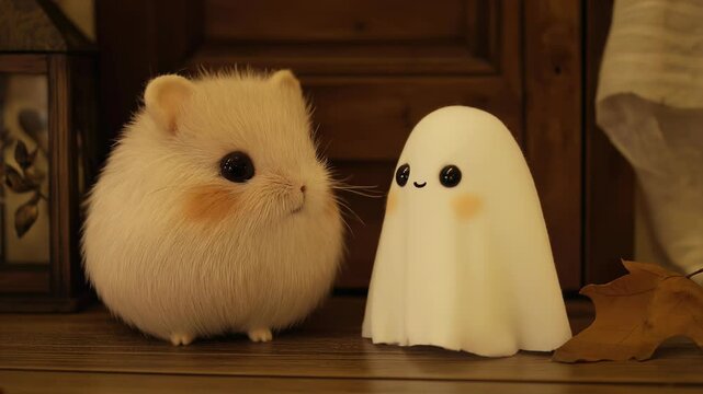 Hamster and ghost centered in frame. Static camera with gentle depth of field. Ghost performs slow bobbing motion while hamster sways with subtle fur movement. Warm lighting enhances textures.