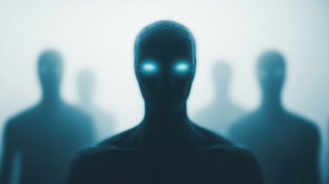 Vague figures of extraterrestrial beings appear in a dimly lit atmosphere, revealing glowing eyes and an air of enigma in their presence