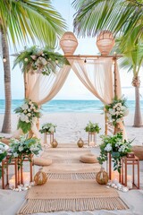 Beautiful Boho Chic Wedding Altar on the Beach With Flowing Fabric, Seashells, and Greenery Surrounded by Elegant Decor