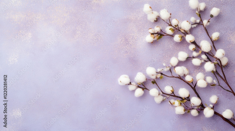 Poster cotton branches rest gracefully on a soft lavender background, highlighting their fluffy texture and
