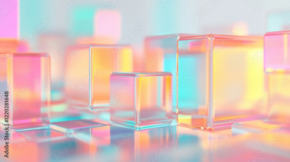 Poster colorful neon glass blocks arranged in an abstract pattern explore light and reflection, showcasing 