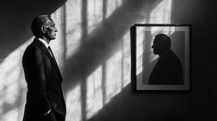 Fototapeta premium Profile of a Mature Man in a Suit Gazing at Artistic Shadow Portrait in Black and White with Dramatic Lighting Effects