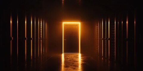 Naklejka premium A glowing door stands open in a dark corridor, casting an inviting light that contrasts sharply with the surrounding shadows.