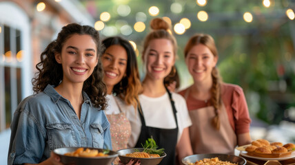 group of women smiling while organizing community fundraiser event, holding dishes of food. setting is outdoors with decorative lights in background, creating warm and inviting atmosphere