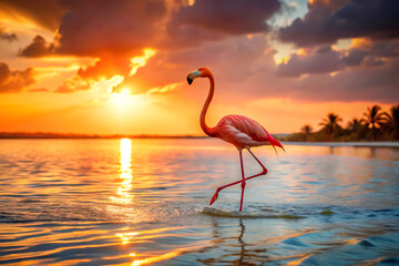 Graceful Flamingo Strolling at Sunset in a Tropical Lagoon Setting
