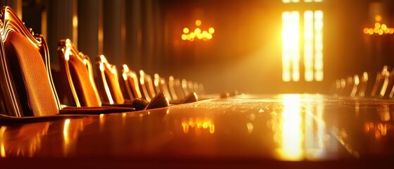 A long wooden table lined with elegant chairs, illuminated by warm sunlight streaming through tall windows, creating a serene and inviting atmosphere.