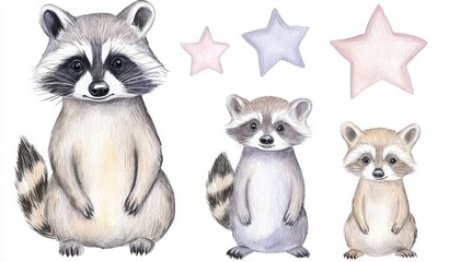 Obraz premium Three whimsical raccoons surrounded by pastel stars, showcasing playful charm for children's decor