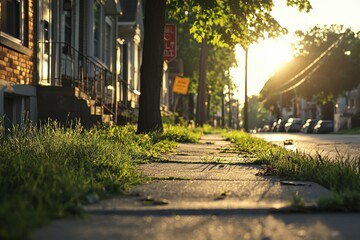 Obraz premium A sunlit sidewalk lined with grass and trees, showcasing a charming neighborhood during golden hour.