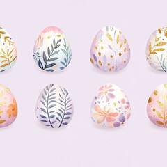 Decorative easter eggs with pastel and gold floral patterns on light background