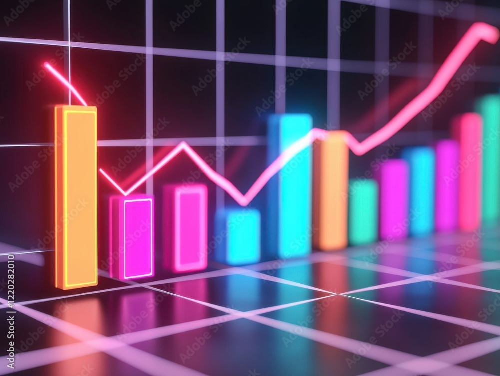 Poster a colorful graph depicting rising trends with bars and line charts against a grid background, repres